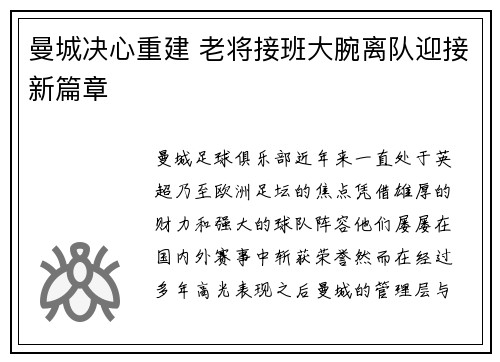 曼城决心重建 老将接班大腕离队迎接新篇章