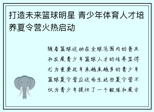 打造未来篮球明星 青少年体育人才培养夏令营火热启动