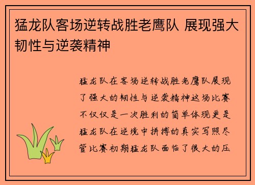 猛龙队客场逆转战胜老鹰队 展现强大韧性与逆袭精神