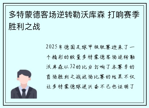 多特蒙德客场逆转勒沃库森 打响赛季胜利之战