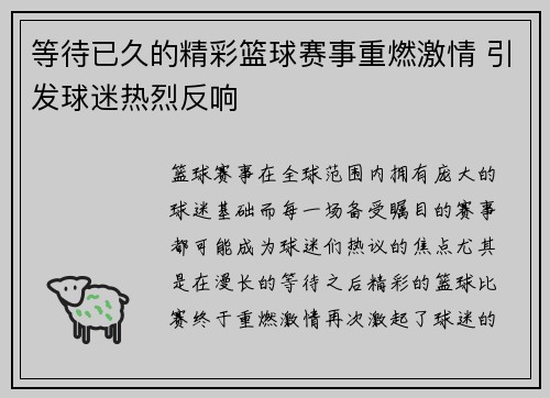 等待已久的精彩篮球赛事重燃激情 引发球迷热烈反响