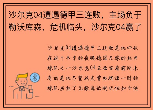 沙尔克04遭遇德甲三连败，主场负于勒沃库森，危机临头，沙尔克04赢了