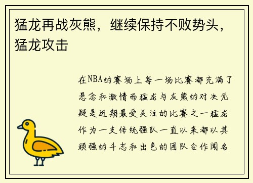 猛龙再战灰熊，继续保持不败势头，猛龙攻击