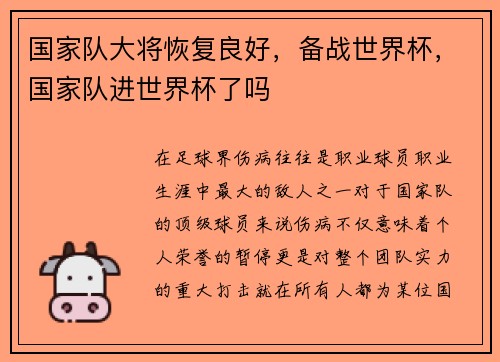 国家队大将恢复良好，备战世界杯，国家队进世界杯了吗