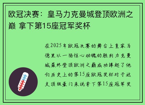 欧冠决赛：皇马力克曼城登顶欧洲之巅 拿下第15座冠军奖杯