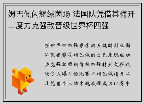 姆巴佩闪耀绿茵场 法国队凭借其梅开二度力克强敌晋级世界杯四强